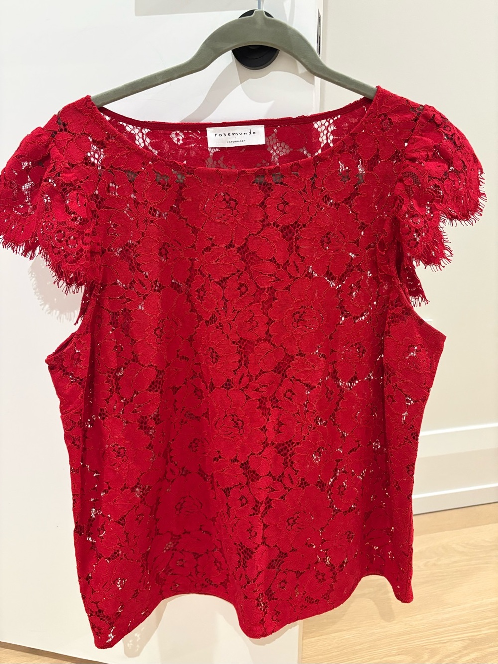 Rosemunde Copenhagen stunning Red Lace Cap-Sleeve Blouse